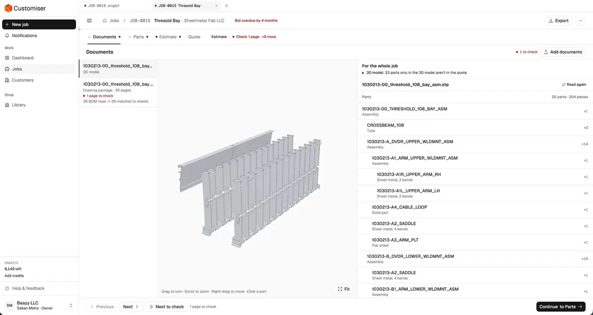 Customiser job view with an interactive 3D model from a STEP file next to its parts tree